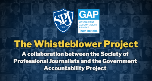 blue collage of faces. spj and government accountability's old logos. the whistleblowers project a collaboration between the society of professional journalists and the government accountability project